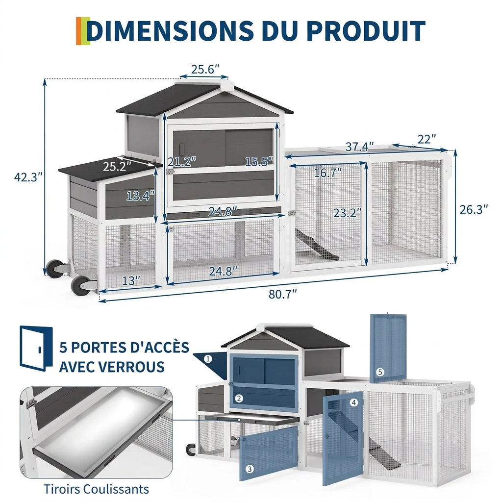 Poulailler Mobile en Bois sur Roulettes – 205 cm