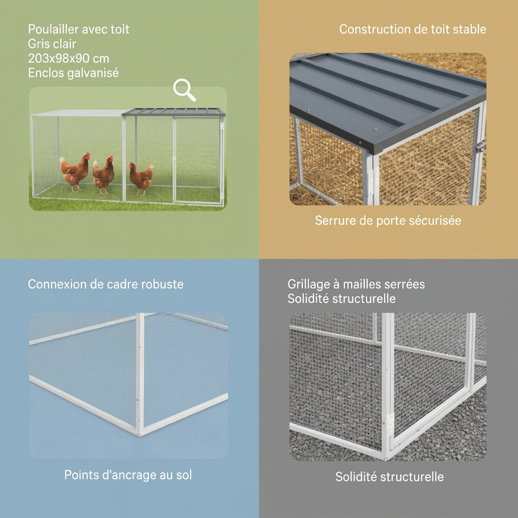 Enclos pour Poules en Acier Galvanisé avec Toit – 203 cm