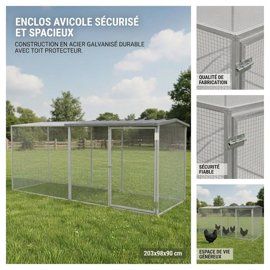 Enclos pour Poules en Acier Galvanisé avec Toit – 203 cm
