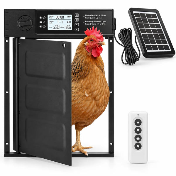 Porte automatique solaire pour poulailler avec minuterie et capteur de lumière