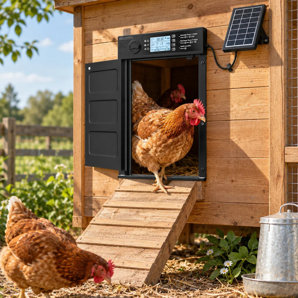 Porte automatique solaire pour poulailler avec minuterie et capteur de lumière