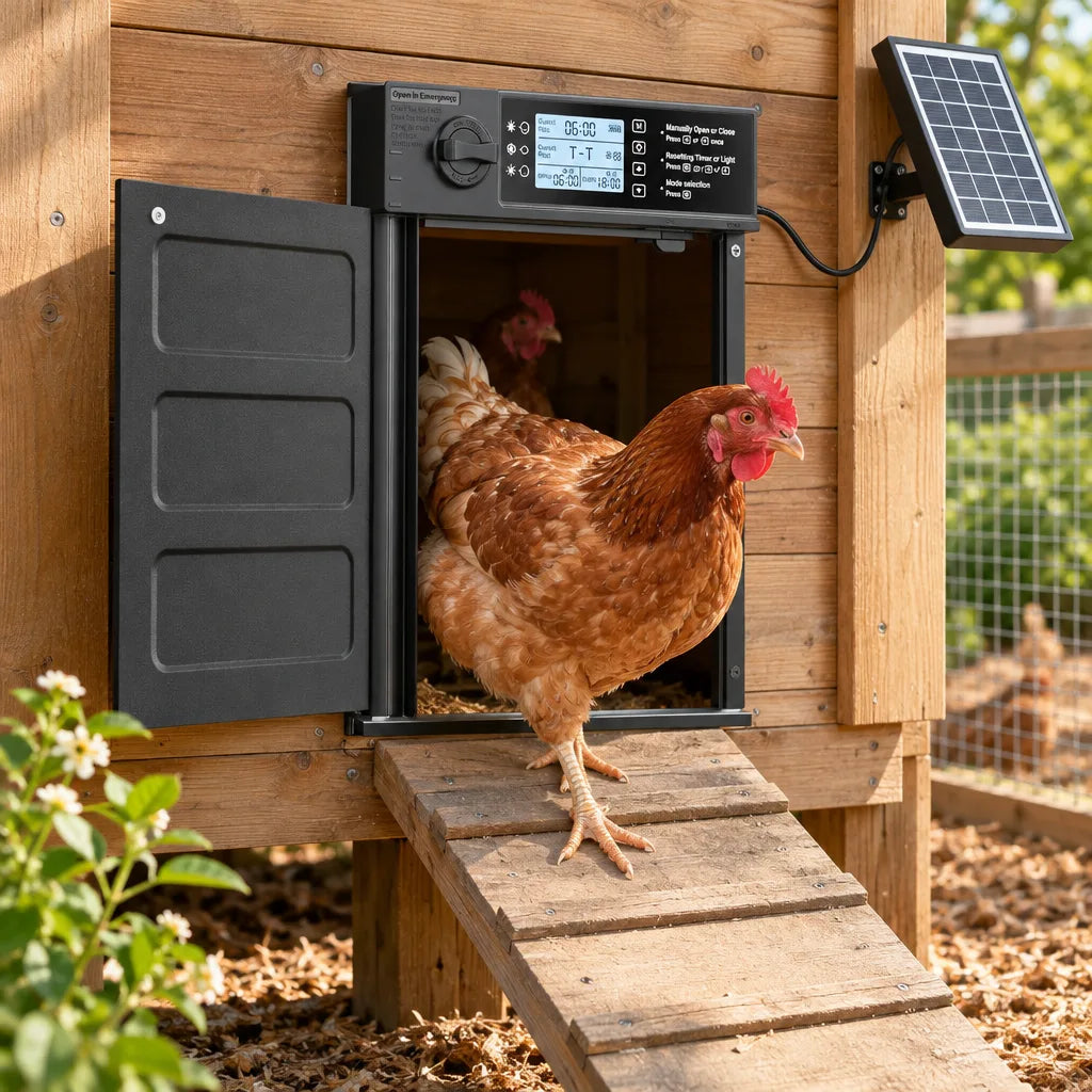 Porte automatique solaire pour poulailler avec minuterie et capteur de lumière