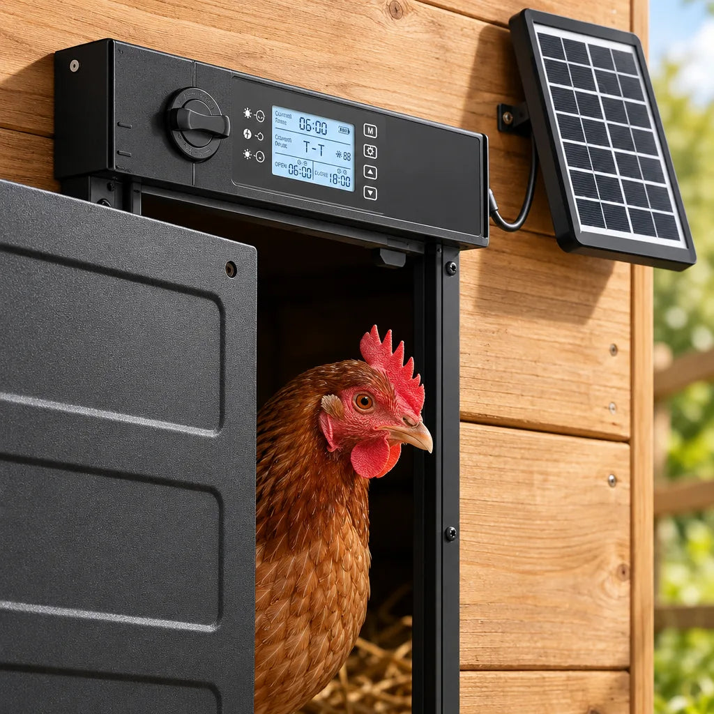 Porte automatique solaire pour poulailler avec minuterie et capteur de lumière