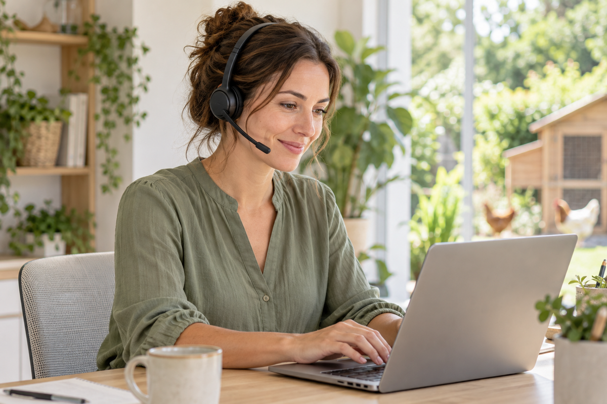 Femme portant un casque d’assistance et travaillant sur un ordinateur portable