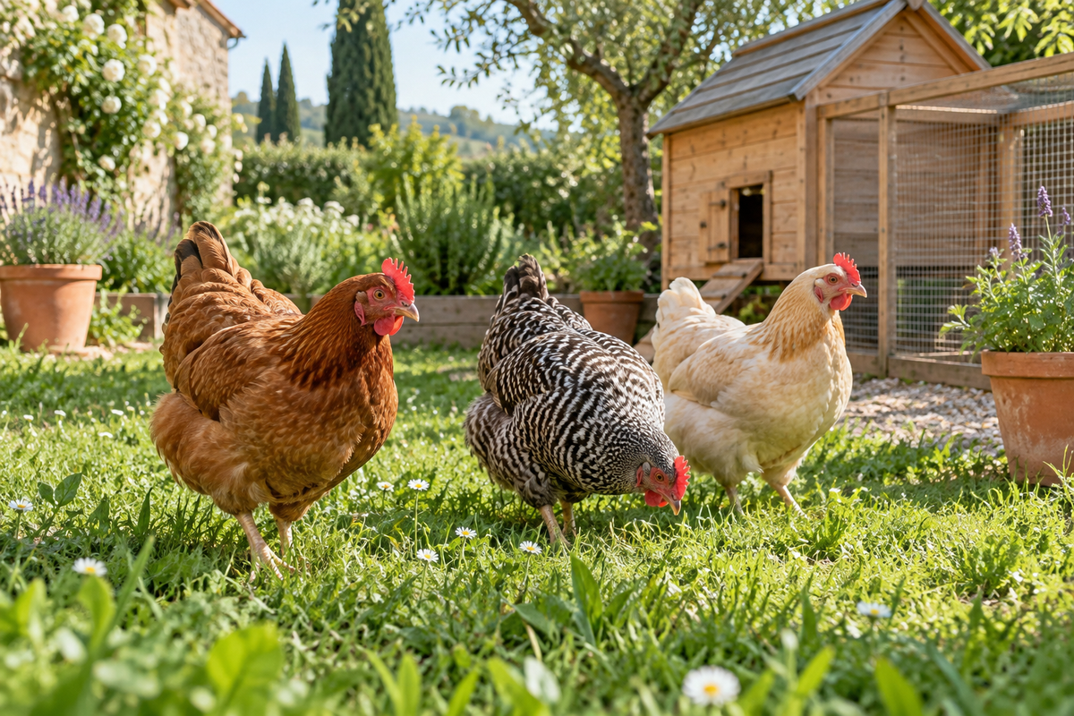Trois poules dans un jardin près d’un poulailler en bois