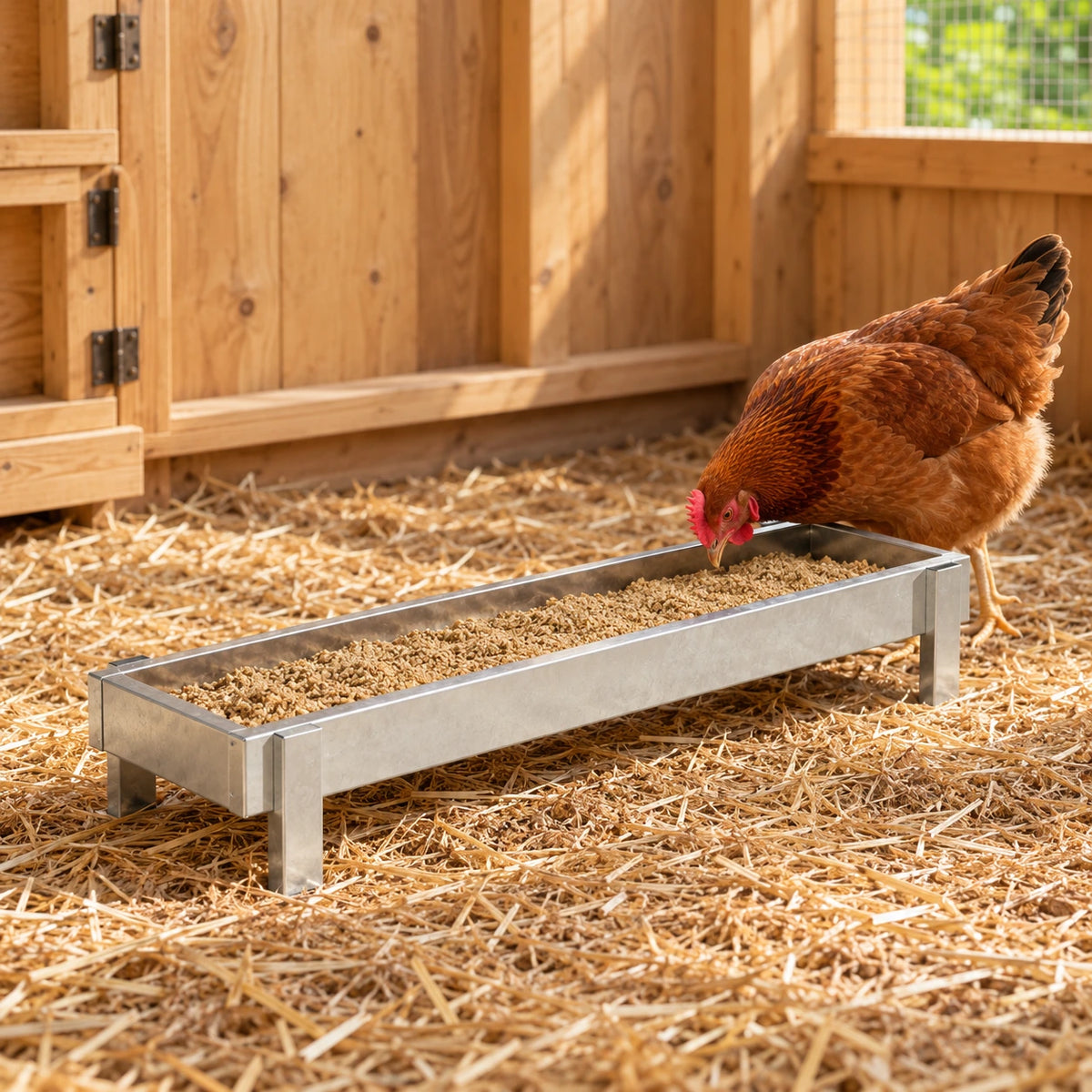 Mangeoire Longue pour Poules et Volailles en Acier Galvanisé – 80 cm — mise en situation