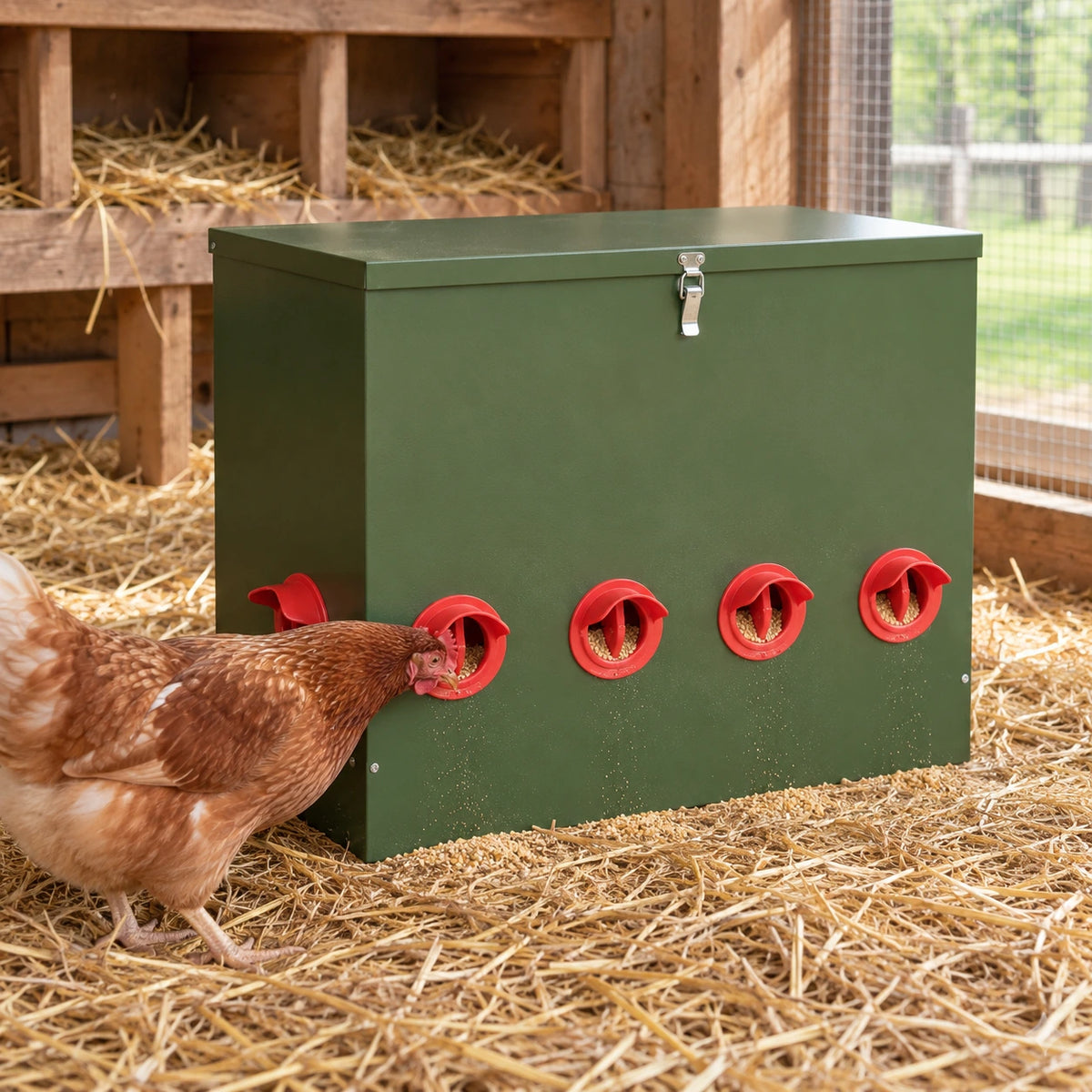 Mangeoire pour Poules en Acier – Grande Capacité 25 kg — mise en situation