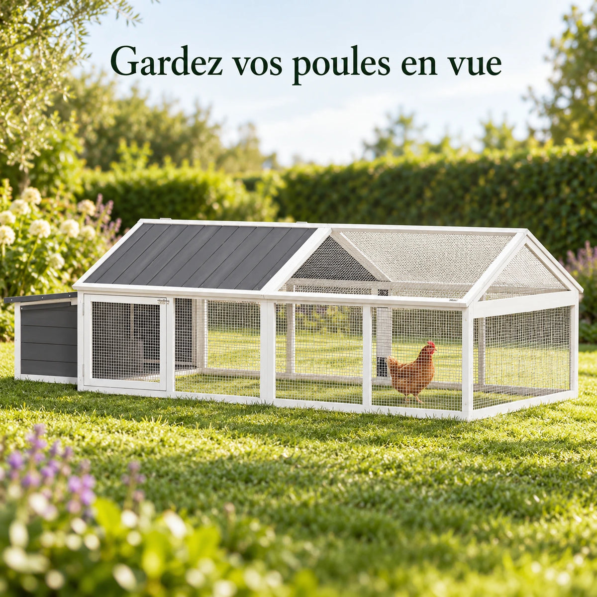 Poulailler en Bois Blanc 240 cm avec Nichoir — vue du parc grillagé