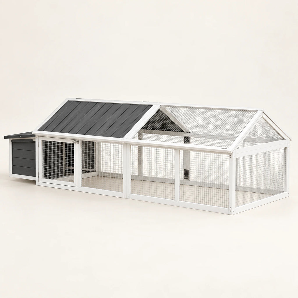 Poulailler en Bois Blanc 240 cm avec Nichoir — vue de trois quarts