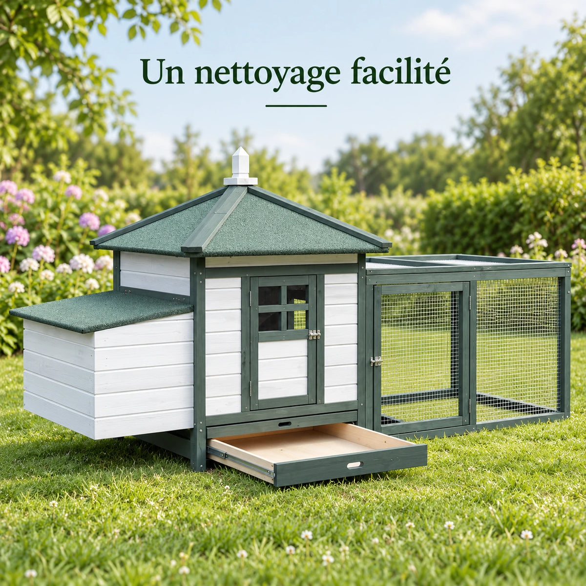 Poulailler Cottage en Bois avec Enclos et Pondoir – 196 cm — détail du produit