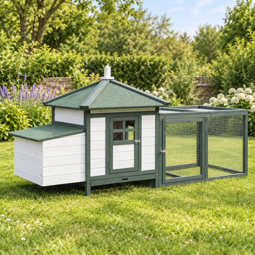 Poulailler Cottage en Bois avec Enclos et Pondoir – 196 cm — mise en situation