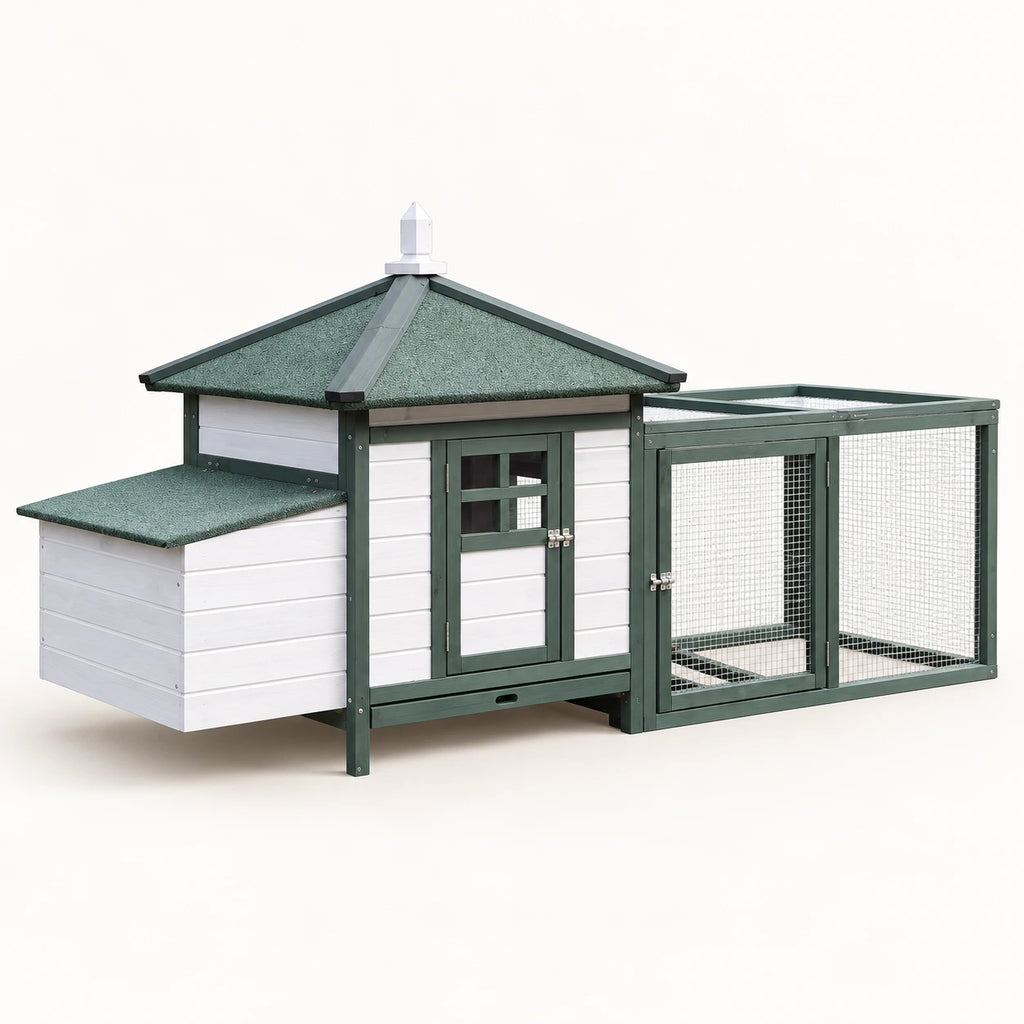 Poulailler Cottage en Bois avec Enclos et Pondoir – 196 cm — vue de trois quarts